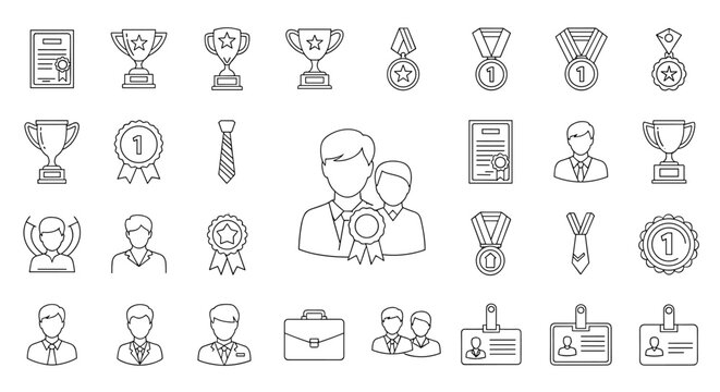Set of minimalistic outline icons representing awards, trophies, medals, certificates, ties, briefcases, and professional staff, symbolizing achievement, recognition, and business success, perfect
