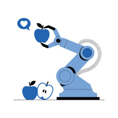 Blue robotic arm holding a blue apple with a white heart speech bubble above robot arm vector illustration.
