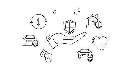 Insurance hand line icon with shield, representing risk coverage and policyholder protection. This quality design element features an editable stroke in a linear style, symbolizing security for cars