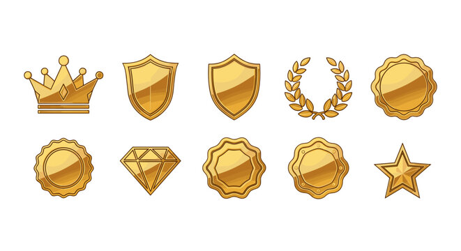 Collection of ten golden awards and symbols including a crown, shields, laurel wreath, seals, a diamond, and a star, presented in a clean, ordered line on a white background, perfect for luxury