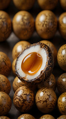Marbled tea egg nestled among a collection of perfectly cooked eggs