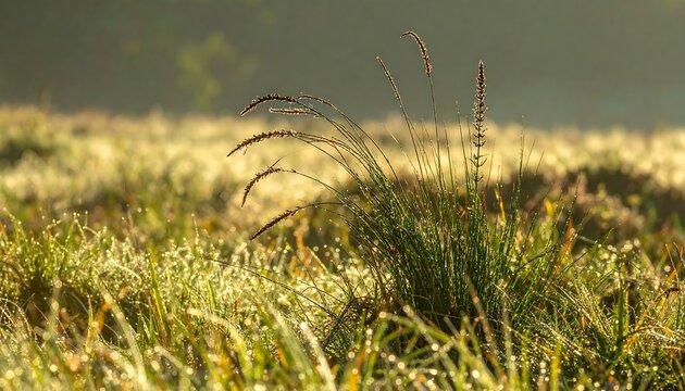 Sunlit meadow, focus on grassy tuft with seed heads, covered in morning dew, suggesting freshness and natural beauty. Shallow depth of field