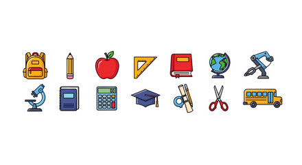 Vibrant and diverse collection of back-to-school sale banner illustrations, featuring a yellow backpack, pencil, red apple, ruler, book, globe, microscope, calculator, graduation cap, diploma