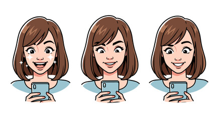 Set of three cartoon illustrations of a young woman with brown hair, holding a smartphone and displaying different joyful facial expressions, including sparkling eyes and a wide smile, conveying