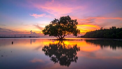Stunning coastal vista features a lone tree, perfectly reflected in calm water, under a vibrant sunset sky, showcasing colors