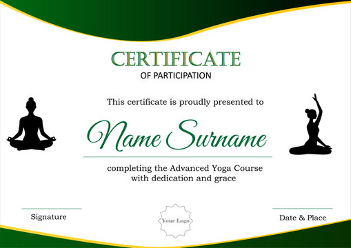 Green & Gold Theme yoga certificate with Dual Pose Silhouettes