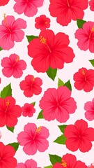 Colorful floral pattern featuring hibiscus flowers and green leaves on a light pink background