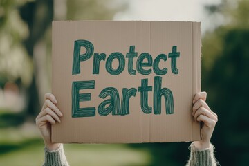 Earth's Guardians: A person holding a cardboard sign with Protect Earth written on it. This image represents the environmental message of preservation, sustainability, and ecological awareness.