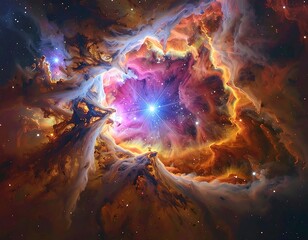 Stunning cosmic cloud of gas and dust, illuminated by a bright star, showcases intricate structures and vibrant colors. A celestial beauty