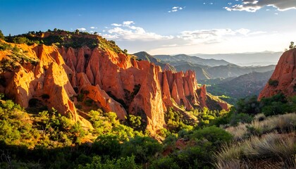 Sunlit orange sandstone formations in a green valley lead to distant mountains under a blue sky with wispy clouds