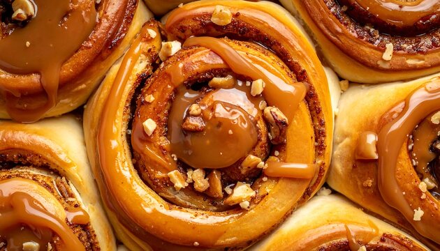 Swirls of sweet rolls, topped with nuts & caramel, baking in a pan, a yummy treat for any occasion - Powered by Adobe