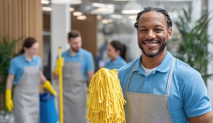 Smiling janitor holding yellow mop in a clean and organized commercial space