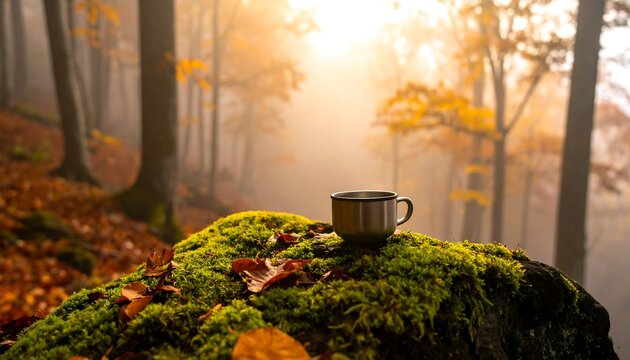 Steaming beverage atop mossy stone in autumnal forest, with trees fading into a warm, hazy background light