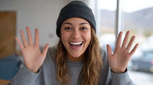 A joyful young woman wearing a beanie smiles and waves at the camera in a bright, cozy indoor environment, conveying warmth and friendliness.