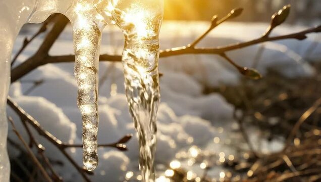 Close up of icicles melting on a tree branch with a background of snow in bright sunlight