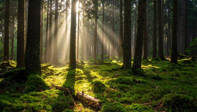 Sunlight streams through a dense forest canopy, illuminating the mossy forest floor with golden rays. The tall trees create a cathedral-like atmosphere