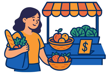 Woman shopping for fresh produce at a market stand with baskets mass market