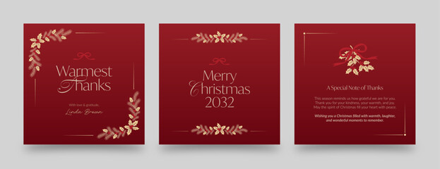 Luxury Red and Gold Christmas Thank You Card Set — Elegant Holiday Greeting Vector Templates
