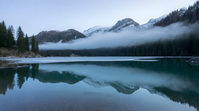 Calm lake reflecting mountains and trees under a cloudy sky creating a serene landscape view scene