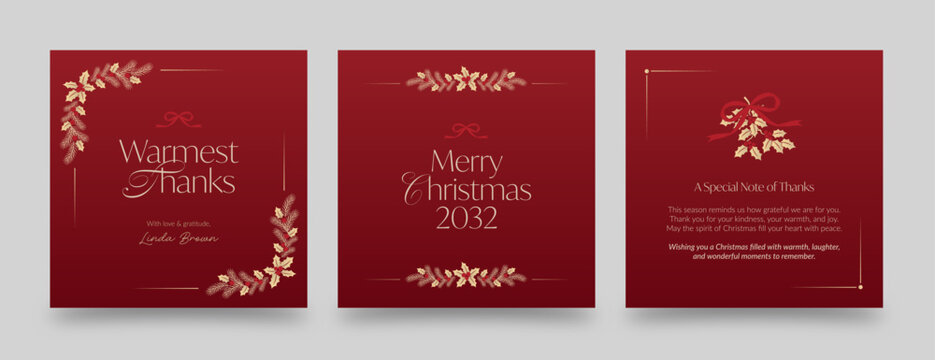 Luxury Red and Gold Christmas Thank You Card Set — Elegant Holiday Greeting Vector Templates