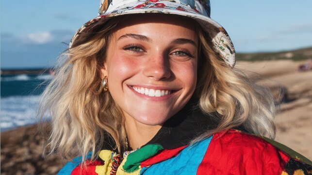 A cheerful young woman with blonde hair smiles brightly at the beach, wearing a colorful jacket and bucket hat, enjoying a sunny day by the ocean.