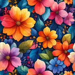 Colorful floral pattern with vibrant flowers and leaves, perfect for backgrounds or decorations