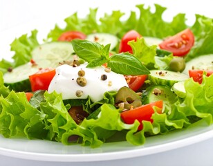 Colorful, fresh, healthy salad on a white plate, close-up with tomatoes and cucumbers