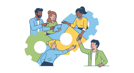 Teamwork illustration: diverse people collaborating with gears, symbolizing synergy and problem-solving.