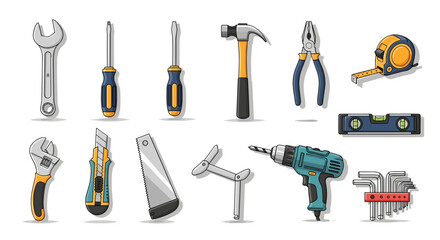 Illustration of various hand tools including wrenches screwdrivers and measuring instruments displayed neatly