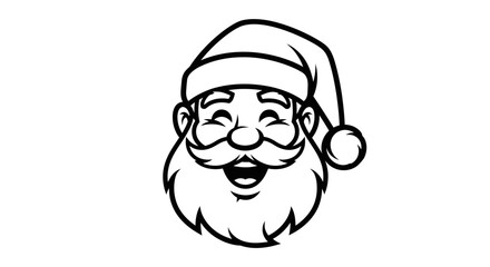 A black and white illustration of Santa Claus's smiling face with his hat and beard.