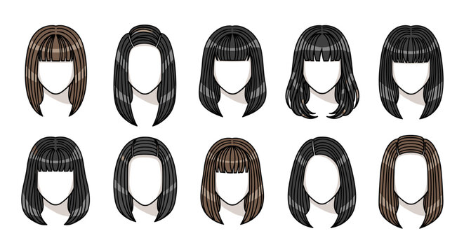 Collection of ten different hairstyles with bangs and varying hair colors on mannequin heads