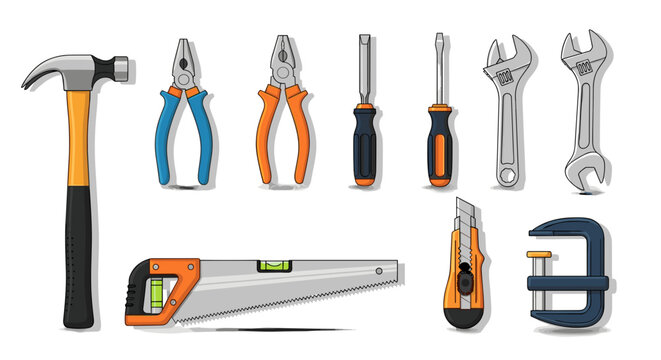 Illustration of various hand tools including a hammer pliers screwdrivers wrenches and a saw displayed