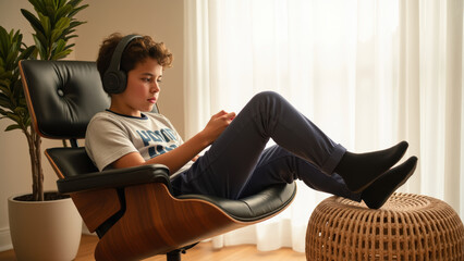 Young boy enjoys moment of relaxation while wearing headphones, sitting comfortably stylish chair. Natural light filters through sheer curtains