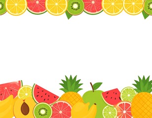 Colorful fruit slices and whole fruits frame a white background. Summer, healthy eating