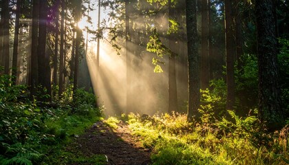 Obraz premium Sunlight streams through a dense forest, illuminating a path and creating a misty, ethereal atmosphere. Tall trees dominate the scene