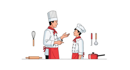 Illustration of two chefs, one adult and one child, in chef's hats and uniforms, with cooking utensils around them.