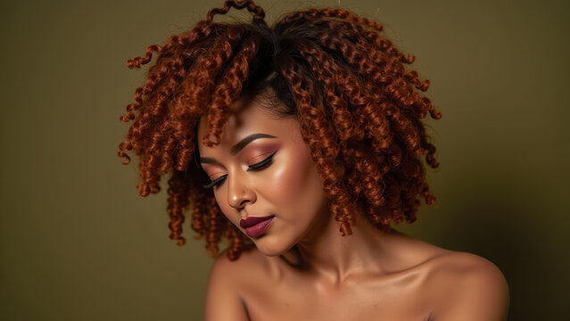 Beautiful portrait of woman with curly hair, showcasing vibrant curls and elegant makeup. warm tones create captivating atmosphere