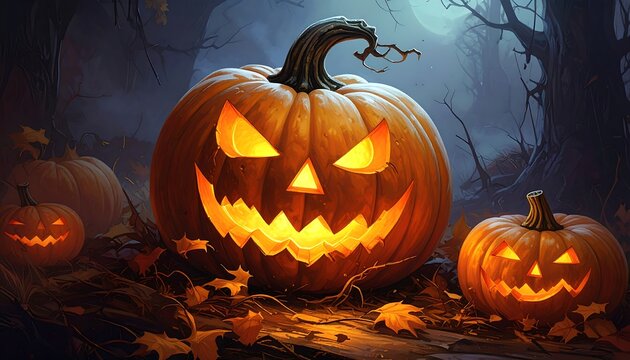 Spooky jack-o'-lanterns glow in a moonlit forest, surrounded by fallen leaves. Ominous autumn scene - Powered by Adobe