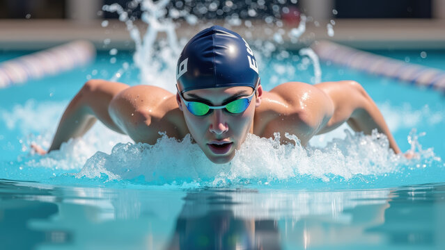 Swimmer performs butterfly stroke in pool, showcasing strength and focus. Water splashes around, highlighting intensity of moment