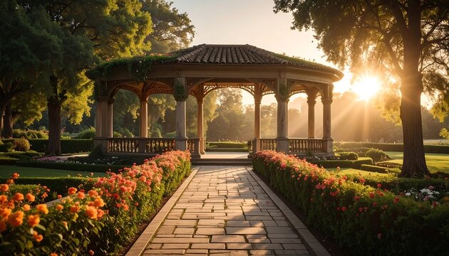 Sunlit pathway to a gazebo surrounded by manicured gardens, bathed in golden light - Powered by Adobe