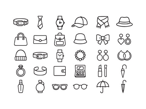 Stylish Fashion Accessories and Personal Items Line Icons Set for E-commerce and Design