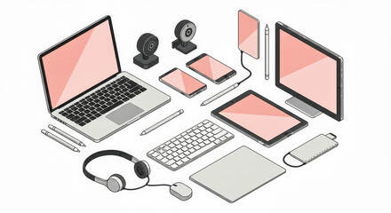 Modern Digital Devices and Accessories on White Background