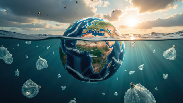 Image depicts globe partially submerged in water, surrounded by plastic bags, highlighting environmental issues