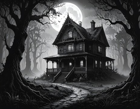 Spooky monochrome illustration depicting a haunted house in a foreboding forest, with a full moon and gnarled trees