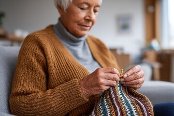 An elderly woman enjoys knitting in a comfortable living room, showcasing a peaceful and creative atmosphere. Perfect for home and lifestyle themes.