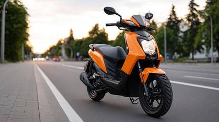 Fototapeta premium A vibrant orange scooter parked on a city street during sunset. The scene captures the essence of urban mobility and modern transportation.