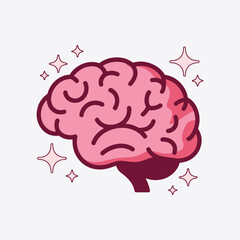 Pink brain illustration with sparkling stars on a light gray background human brain mind.