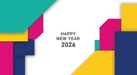 Happy new year 2026 text centered on a white background with colorful geometric shapes and shadows creating a modern abstract design