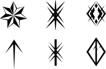Abstract geometric vector symbols, black star shapes, diamond outlines, arrow icons, symmetrical spiked patterns, modern minimal design, branding, decorative illustration, futuristic style, stock art