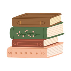 Stack of books for reading and learning. Piles of romantic literature poetry, romance novels. Flat vector illustrations.